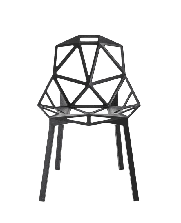 Konstantin Grcic's Chair_ONE, a black chair built from a lattice of flat triangular facets.