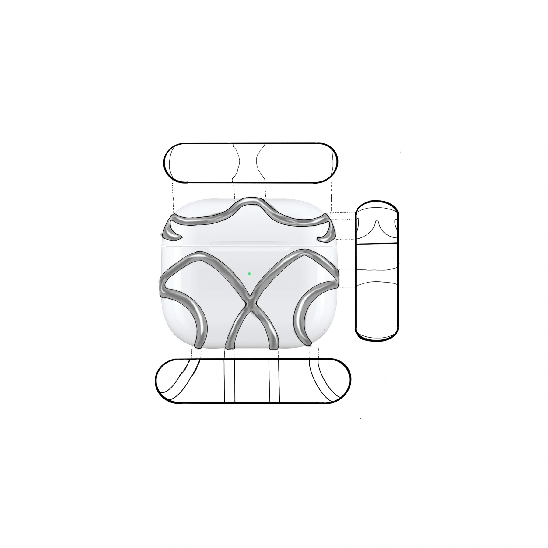 A technical drawing of the shell, showing the frame over the case profile from the front, with a side profile at the right.