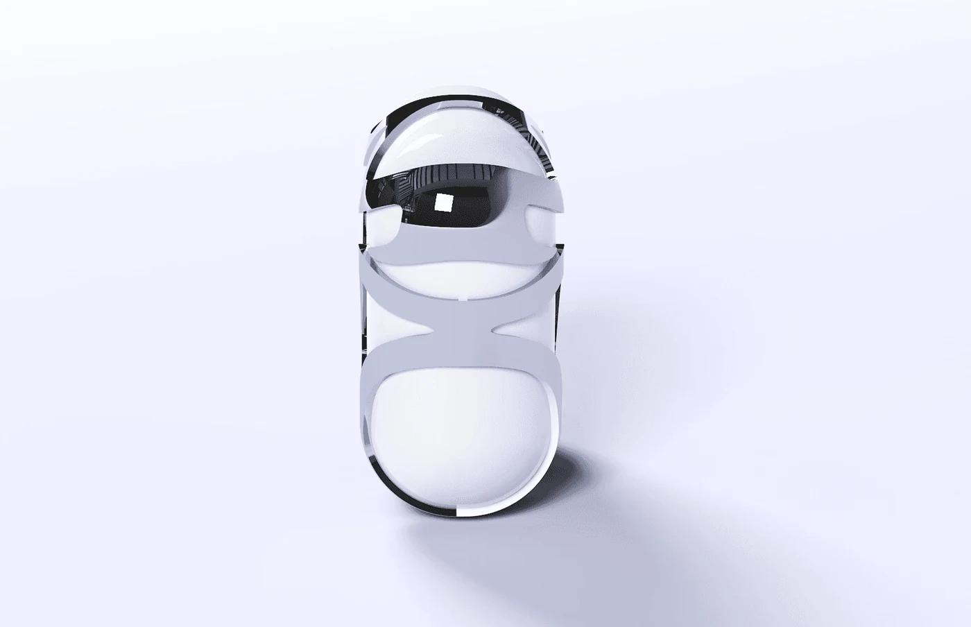 A top down render of the closed case standing upright inside its frame.