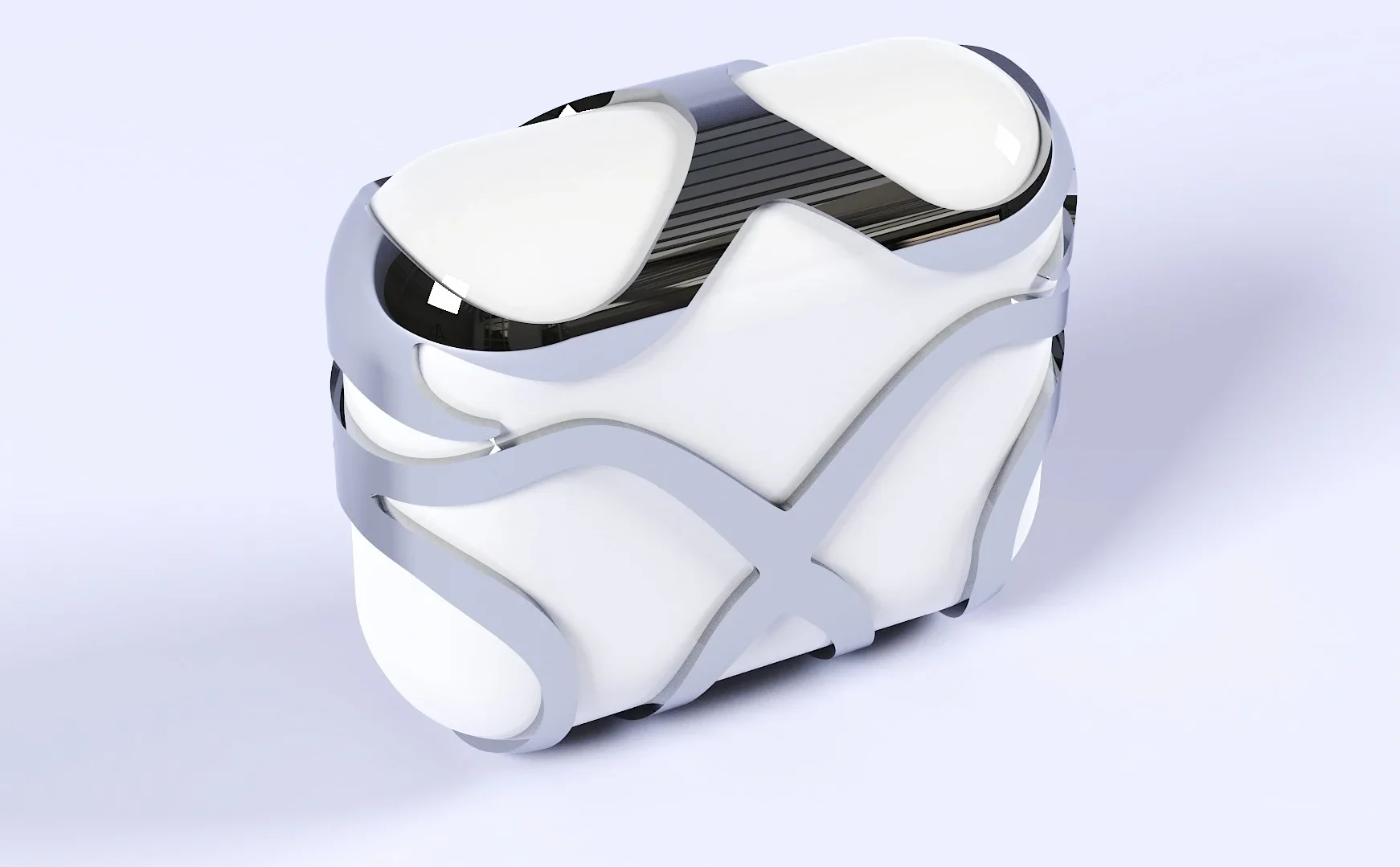 A three quarter render of the case with its lid open and the AirPods inside, on a pale lavender ground.
