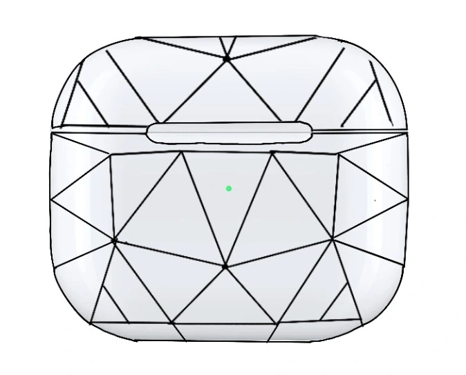 A line drawing of the AirPods case front with a triangulated web of straight lines mapped across it.