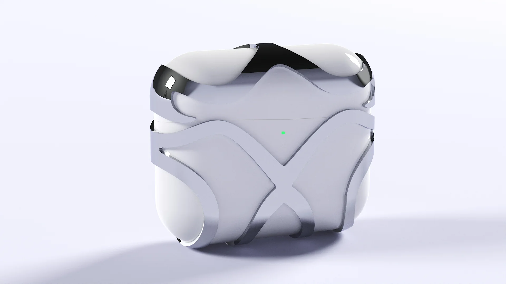A white AirPods case wrapped in a faceted white exoskeleton frame, shown at three quarters on a pale ground.