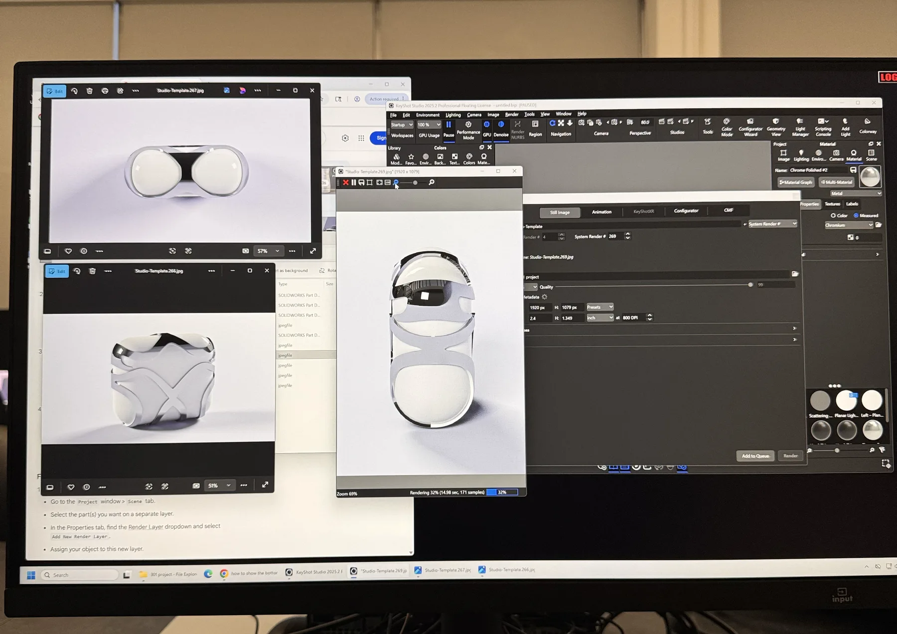 A monitor showing the case being set up for rendering in KeyShot, with three render windows open.