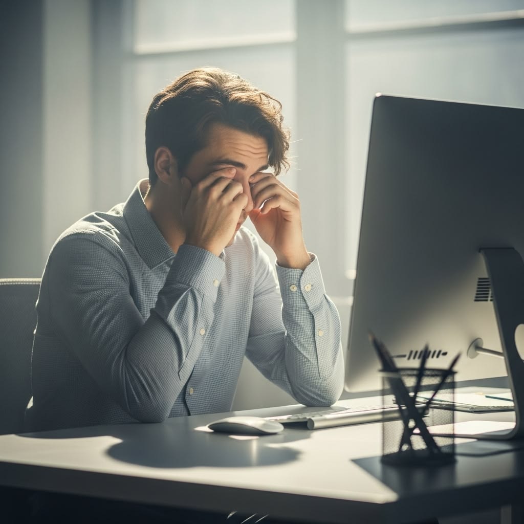 A person rubbing their eyes at a flat monitor, mentally fatigued.
