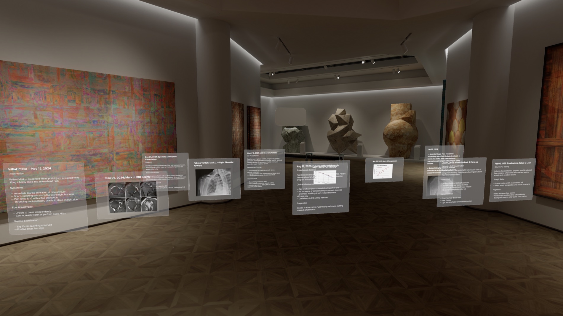 A patient's two-year recovery, laid out in space around the viewer inside Apple Vision Pro. Dated panels recede left-to-right through a gallery, with the most critical information closest.
