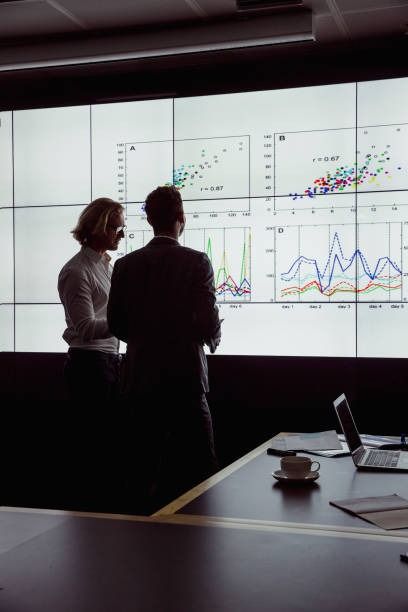 Risk analysts reviewing data on large displays.