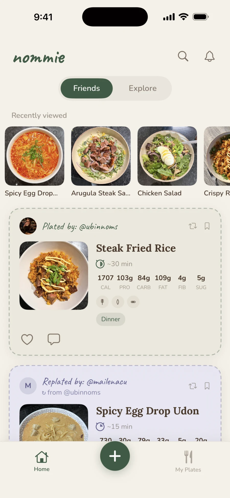 The nommie home feed, showing recently viewed dishes and a recipe card plated by a friend.