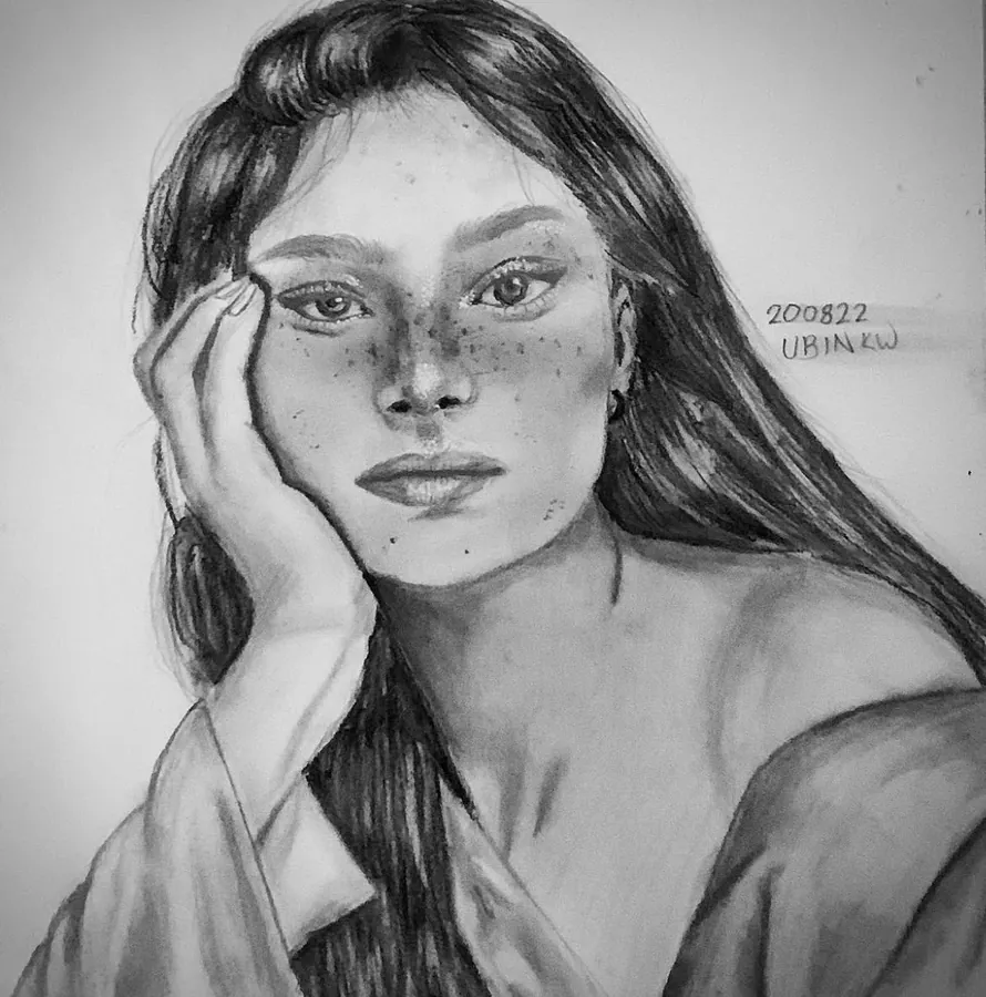 A charcoal and graphite portrait of a woman resting her cheek on her hand.