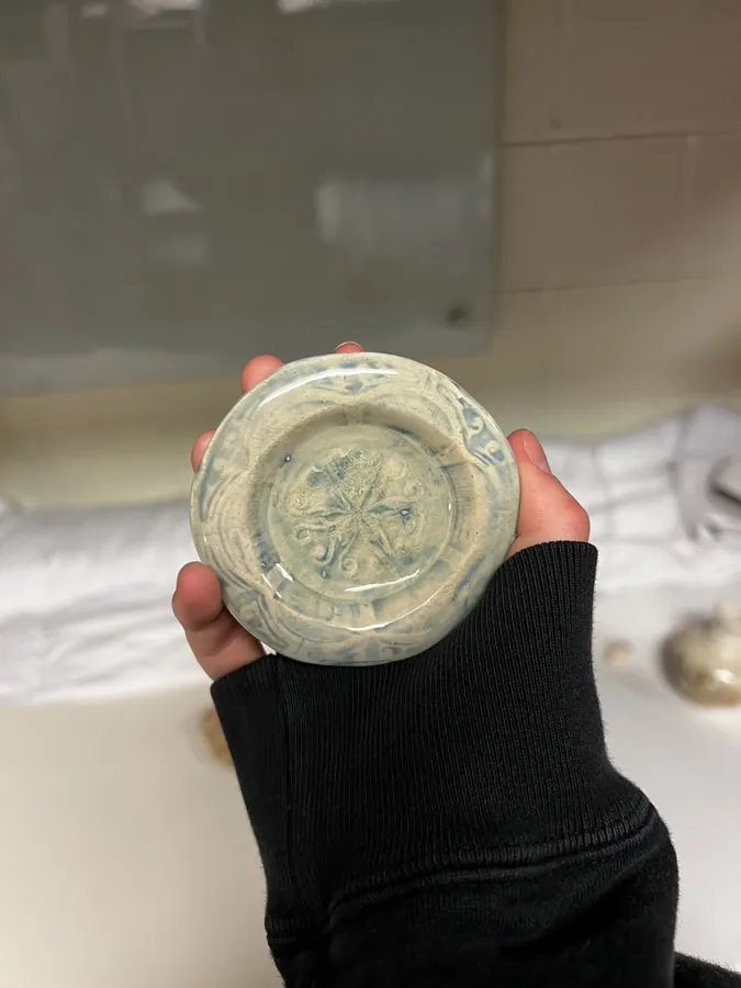 A small ceramic dish painted with a blue snowflake motif, held in one hand.
