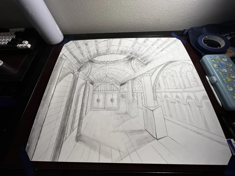 A graphite perspective drawing of a vaulted hall with arched windows, taped to a drawing board.