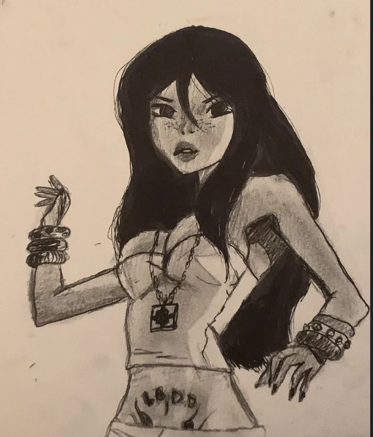A high-contrast drawing of a stylised figure with long dark hair.