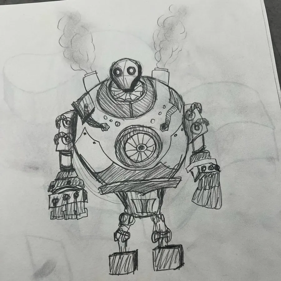 A pencil drawing of a walking mechanical robot with smokestacks.