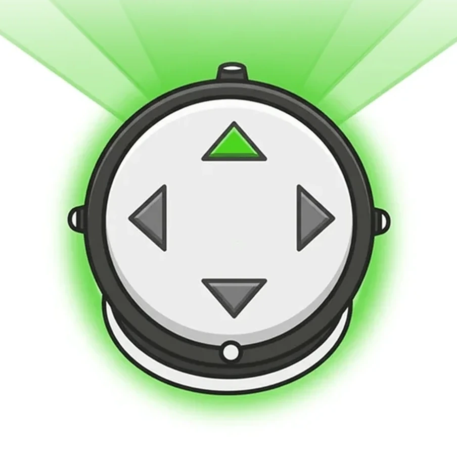 The device shown head on with a green beam projecting upward from it, illustrating the lit arrow pointing toward the direction of the siren.
