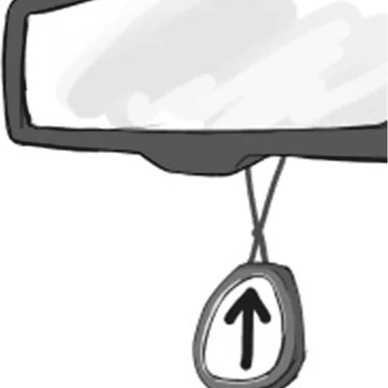 A simple illustration of the device hanging from a rear-view mirror, showing a single upward arrow lit.