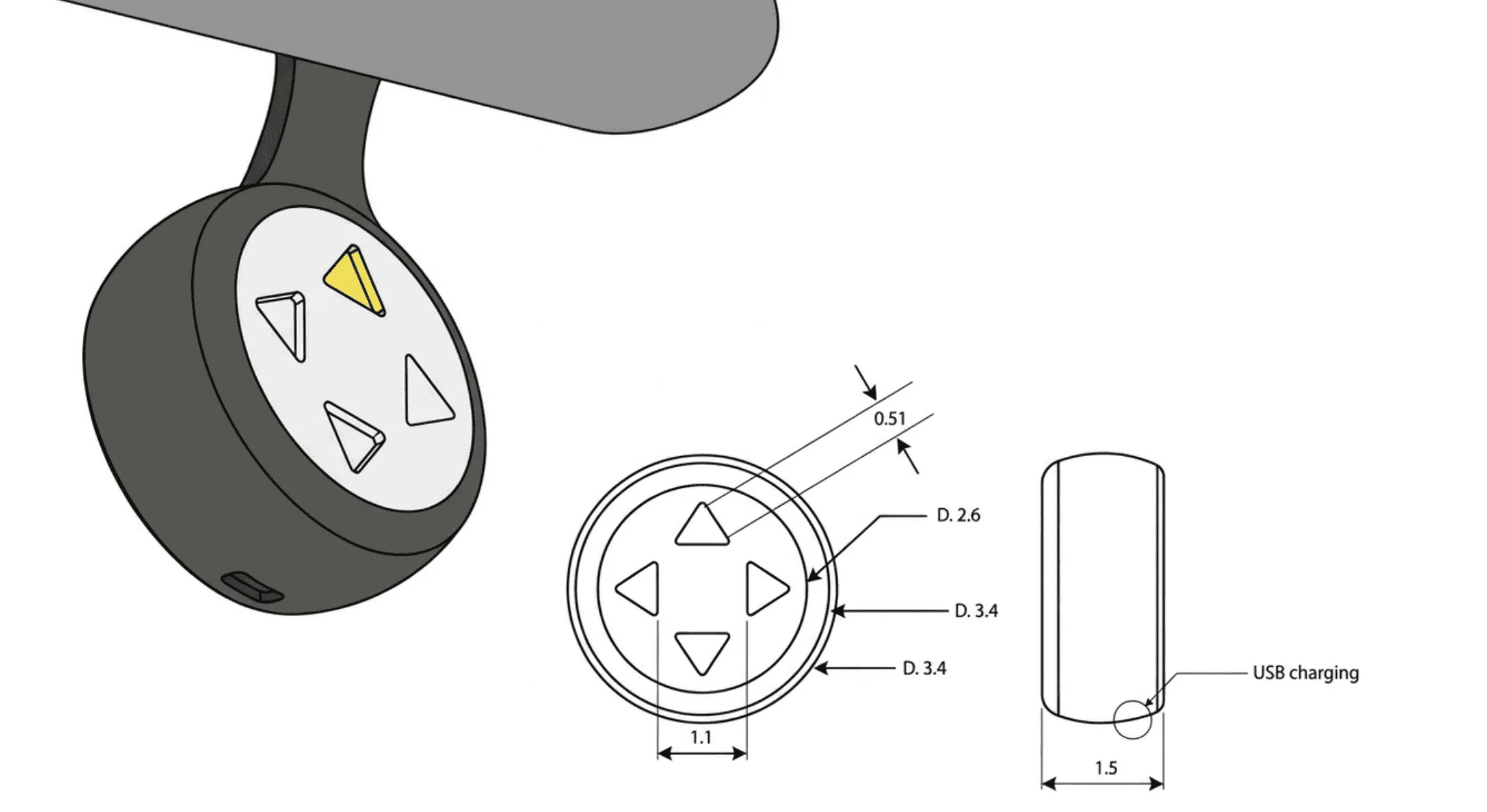 A technical drawing of the device hanging behind the rear-view mirror, with dimensions marked on the face and side profile and a USB charging port labelled.