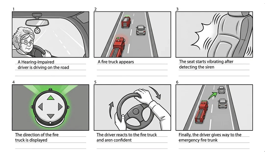 A six-panel storyboard: a hearing-impaired driver on the road, a fire truck appears, the seat vibrates after detecting the siren, the direction of the fire truck is displayed, the driver reacts and is more confident, and finally gives way to the truck.
