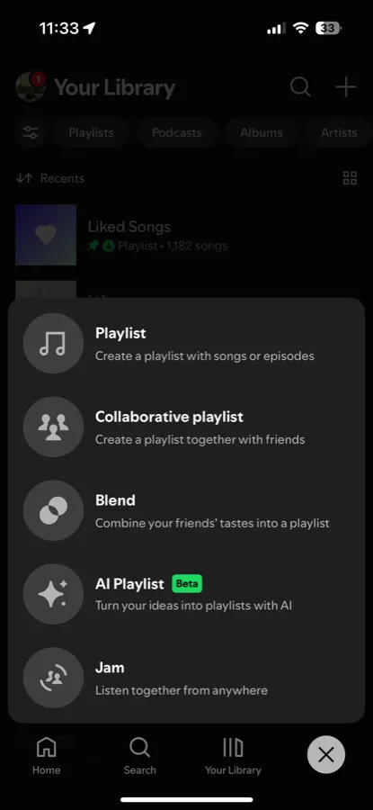 The Spotify create menu showing Playlist, Collaborative playlist, Blend, AI Playlist and Jam.