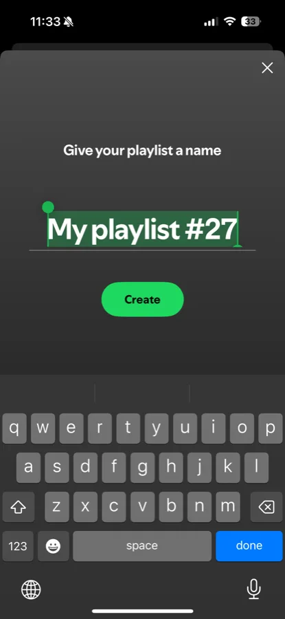 The Give your playlist a name screen with the keyboard open.