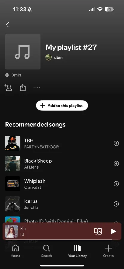 An empty Spotify playlist showing an Add to this playlist button and recommended songs.