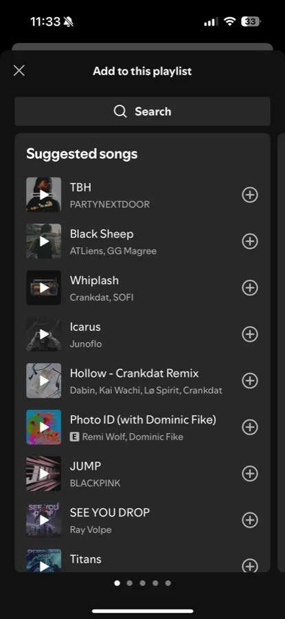 The Add to this playlist sheet with a list of suggested songs, each with its own plus button.