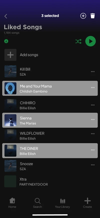Spotify Liked Songs with Me and Your Mama, Sienna and THE DINER selected while CHIHIRO and WILDFLOWER are not.